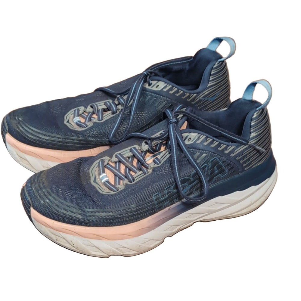Hoka One One Bondi 6 Women's Running Shoes US 8.5 Navy Blue Peach Cushioned